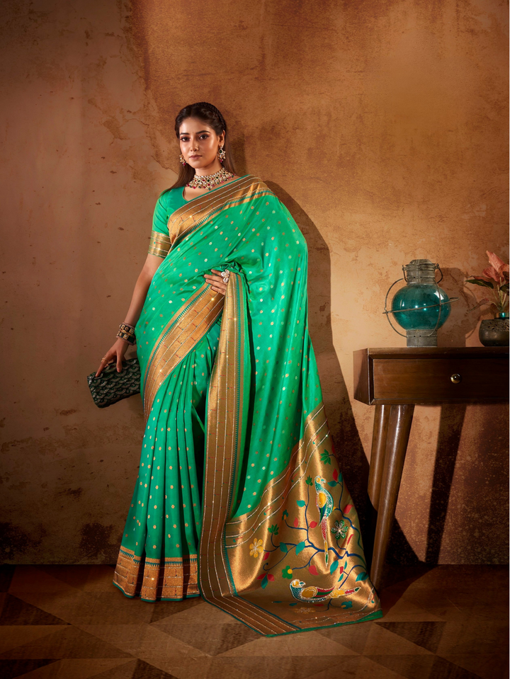 Triple Muniya Heavy Swarovski Work Paithani Saree